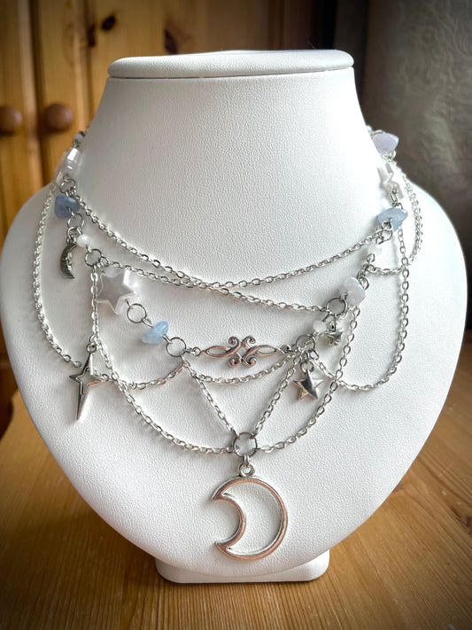 Y2K Moon, Star and Pearl Silver Necklace