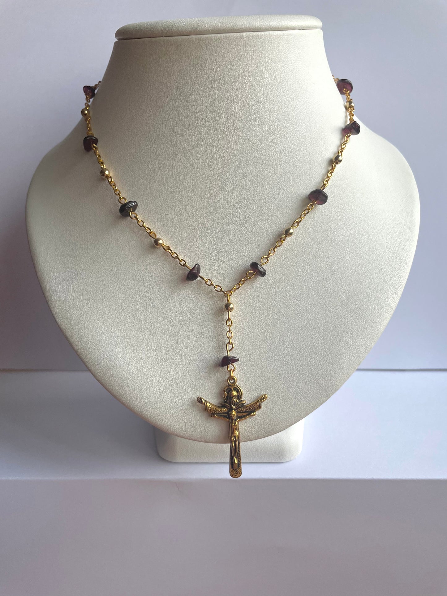 Red Gem Gold Cross Rosary Necklace