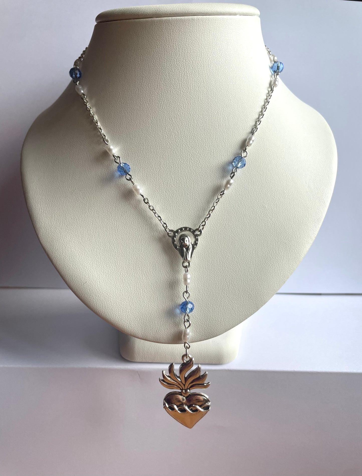 Pearl and Baby Blue Sacred Heart Necklace