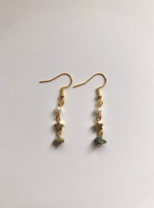 Green, Star and Pearl Gold Earrings