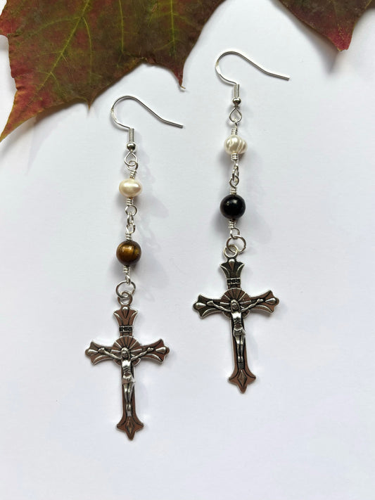 Pearl, Tiger's Eye and Cross Earrings