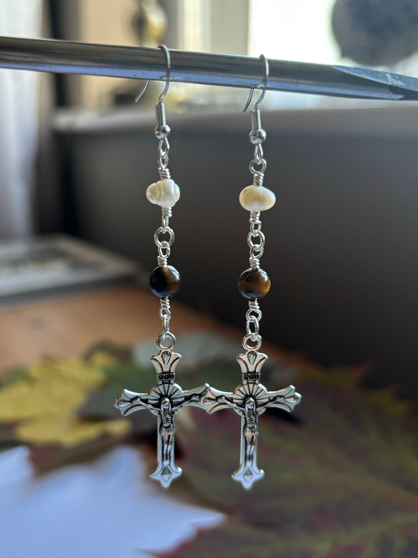 Pearl, Tiger's Eye and Cross Earrings