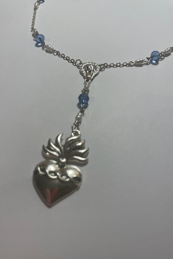 Pearl and Baby Blue Sacred Heart Necklace